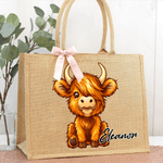 Gepersonaliseerde Leuke Hoogland Koe Jute Draagtas met Naam Verjaardagscadeau voor Highland Koe Liefhebber