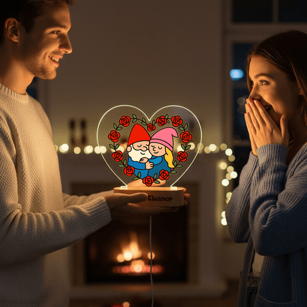Personalized Rose Gnome Couple Heart Acrylic LED Night Light with Name and Wooden Base Home Decor Valentine's Day Anniversary Gift for Couple