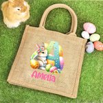 Personalized Cute Easter Bunny Initial Large Jute Tote Bag with Name Easter Egg Hunting Easter Party Favors Gift for Kids