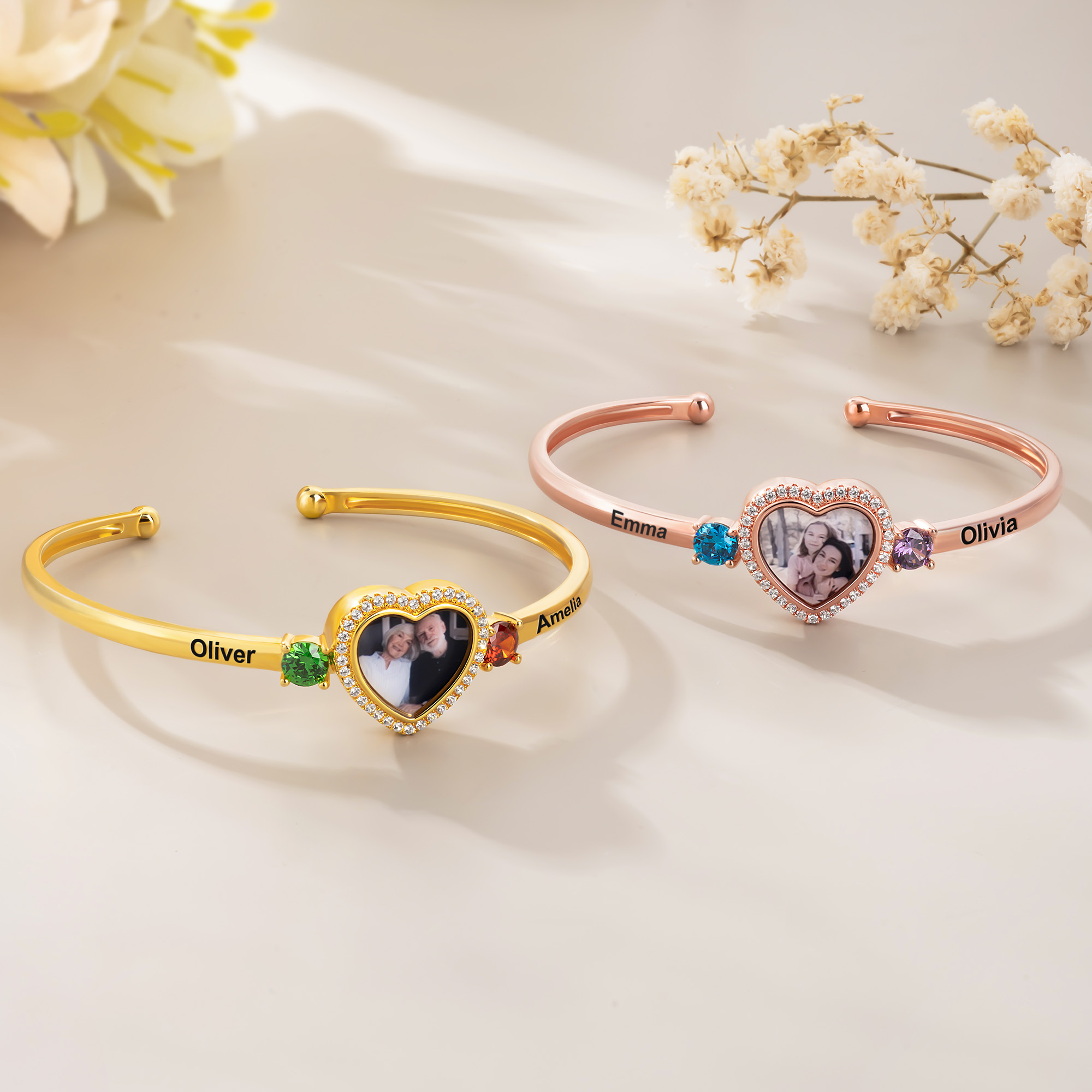 Bracelet photo en forme de coeur avec noms Bijoux de naissance personnalisés Cadeau d'anniversaire de la Saint-Valentin pour couple
