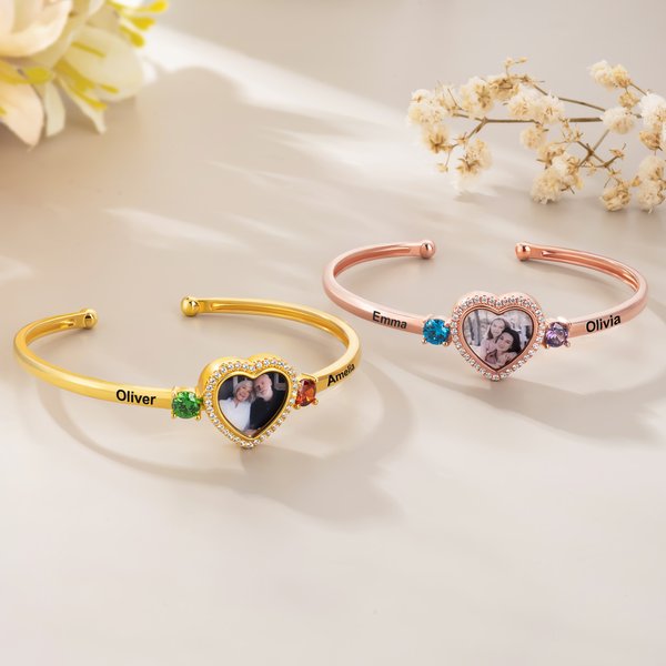 Personalized Birthstone Zircon Heart-Shaped Photo Cuff Bracelet with Names Dainty Jewelry Birthday Valentine's Day Anniversary Gift for Couple