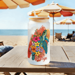 Personalizzato acquerello floreale tartaruga marina 20 oz vetro smerigliato con nome cannuccia e coperchio di bambù viaggio compleanno regalo di vacanza per gli amici della famiglia