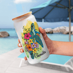 Personalizzato acquerello floreale tartaruga marina 20 oz vetro smerigliato con nome cannuccia e coperchio di bambù viaggio compleanno regalo di vacanza per gli amici della famiglia