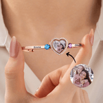 Personalized Birthstone Zircon Heart-Shaped Photo Cuff Bracelet with Names Dainty Jewelry Birthday Valentine's Day Anniversary Gift for Couple