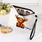 Personalized Cute Highland Cow Linen Makeup Bag with Name and Wrist Strap Birthday Gift for Highland Cow Lovers Women