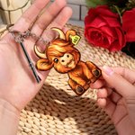 Personalised Cute Highland Cow Wooden Keychain  with Text  Bag Accessories Valentine's Day Birthday Gift for Couple