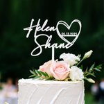 Personalizado Script Line acrílico y madera de tilo en forma de corazón Wedding Cake Topper con el nombre y la fecha de la boda Cumpleaños de regalo para los recién casados