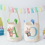 Personalized Cute Easter Bunny Birth Flower Reusable Basket with Name Initial and Bunny Ears Egg Hunting Party Easter Gift for Boys Girls