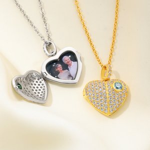Personalised Birthstone Photo Heart Locket Necklace Dainty Jewellery Anniversary Birthday Valentine's Day Gift for Women