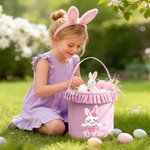 Personalized Cute Bunny Plaid Easter Basket with Name Easter Eggs Hunting Easter Day Gift for Boys Girls