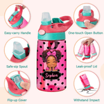 Personalized Polka Dot Cute Cartoon Black Girl Name 12 oz 16 oz Water Bottle with Straw and Handle Back to School Birthday Gift for Girls