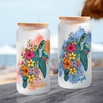 Personalizzato acquerello floreale tartaruga marina 20 oz vetro smerigliato con nome cannuccia e coperchio di bambù viaggio compleanno regalo di vacanza per gli amici della famiglia