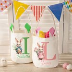 Personalized Cute Easter Bunny Birth Flower Reusable Basket with Name Initial and Bunny Ears Egg Hunting Party Easter Gift for Boys Girls