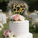 Personalizado Script Line acrílico y madera de tilo en forma de corazón Wedding Cake Topper con el nombre y la fecha de la boda Cumpleaños de regalo para los recién casados