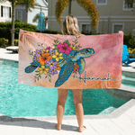 Personalized Multicolor Sea Turtle Flower Quick Dry Oversized Microfiber Beach Towel with Name Beach Party Holiday Gift for Family Friends