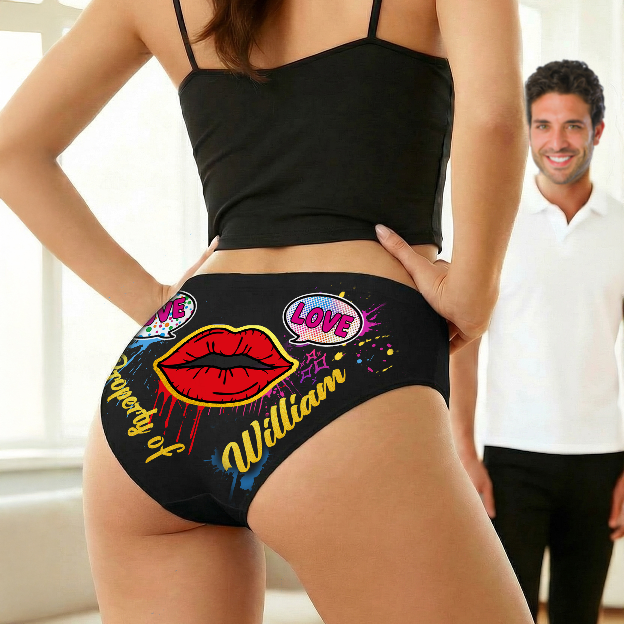 Propriété personnalisée de Lip Print Graffiti Low-Waisted Brief with Name Sous-vêtements pour femmes Cadeau d'anniversaire de la Saint-Valentin pour femmes