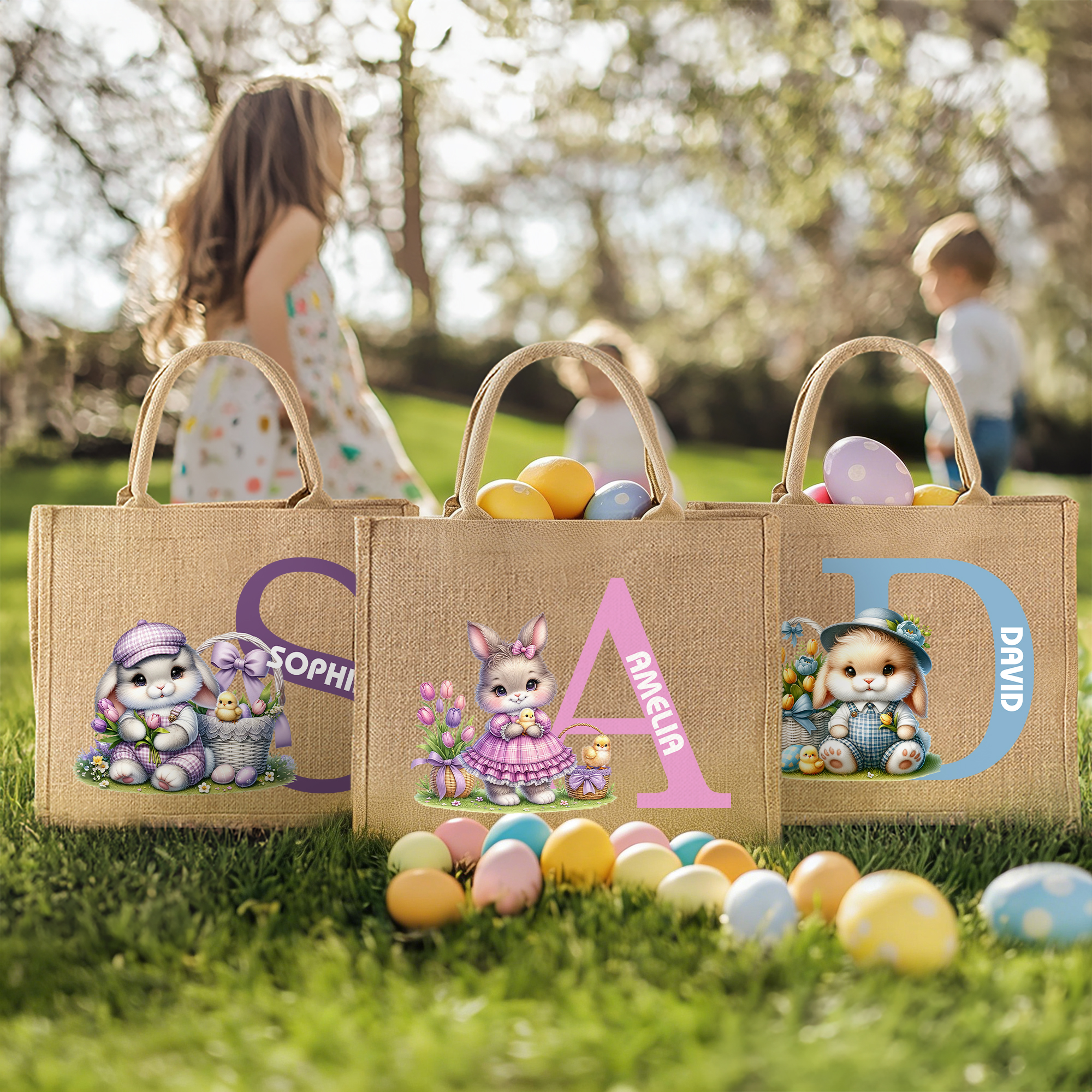 Sac en toile de jute avec initiales et nom Accessoires de chasse aux oeufs Cadeau de Pâques pour garçons filles