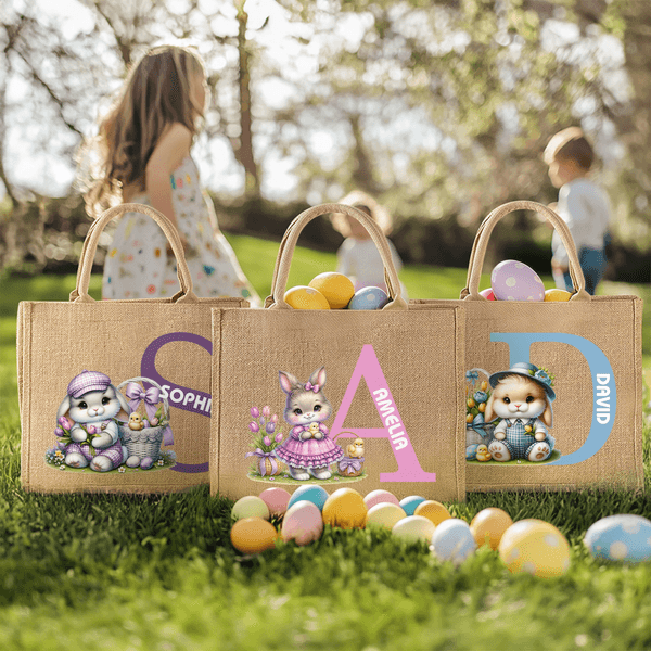 Henkilökohtainen söpö pääsiäispupu kukka Juutti Kangaskassi Initial ja nimi Egg metsästys tarvikkeet pääsiäinen lahja pojille tytöille pääsiäinen lahja