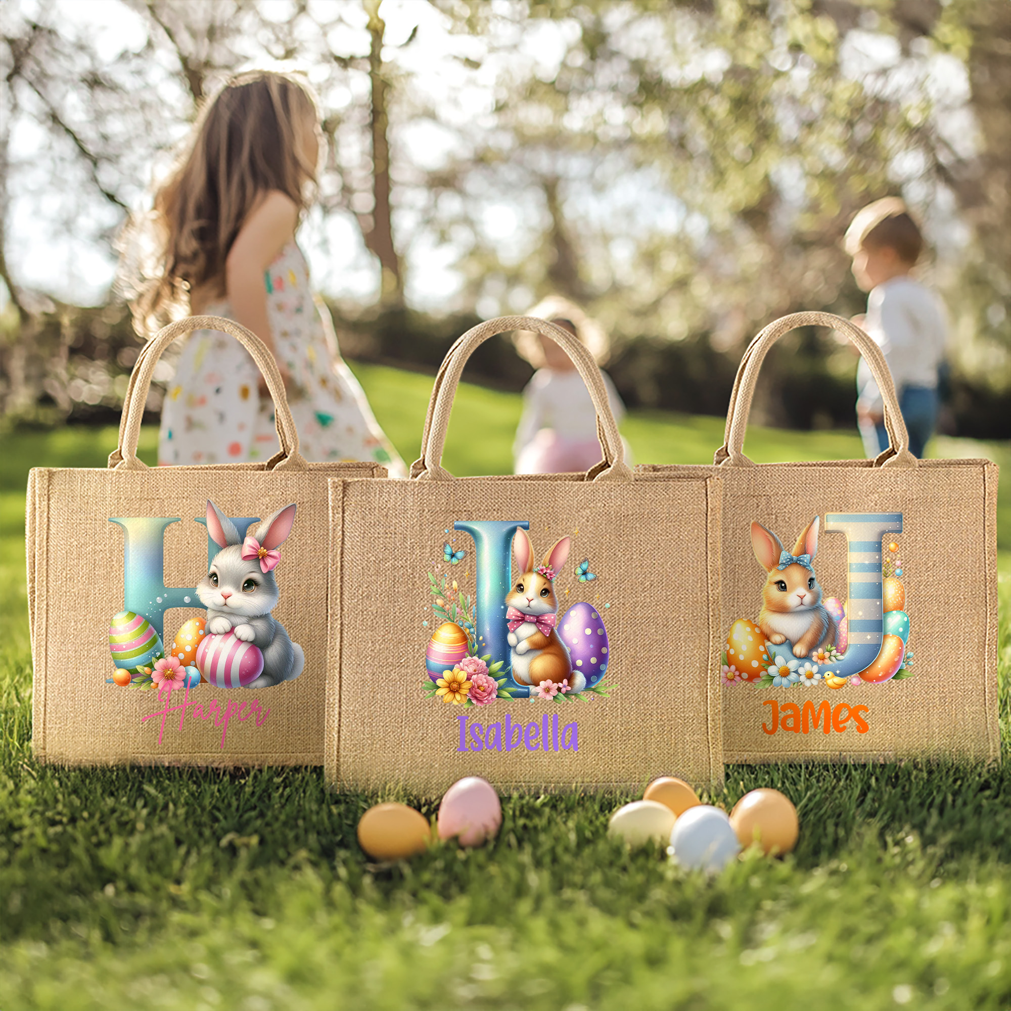 Sac en toile de jute avec nom Chasse aux oeufs de Pâques Cadeau de fête de Pâques pour les enfants