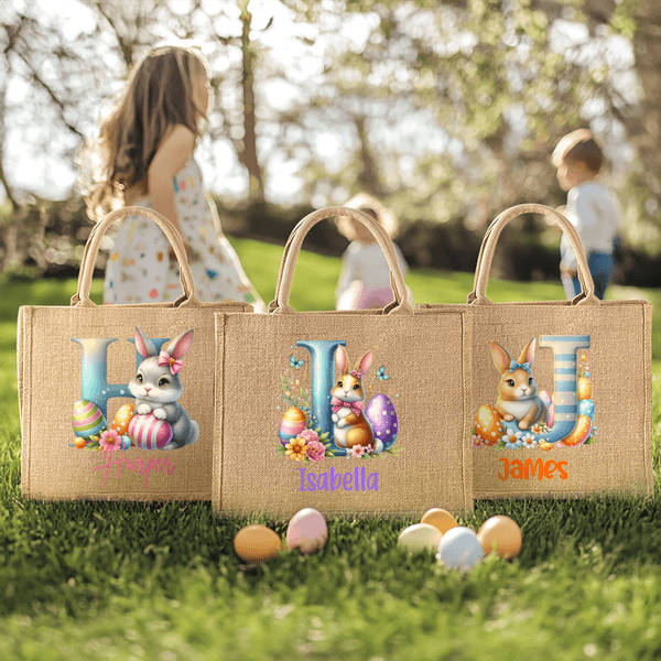 Personalized Cute Easter Bunny Initial Large Jute Tote Bag with Name Easter Egg Hunting Easter Party Favors Gift for Kids