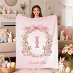 Gepersonaliseerde Waterverf Bunny Strik Krans Zachte Deken met Titel Naam en Voorletter Home Decor Pasen Verjaardagscadeau voor Kinderen