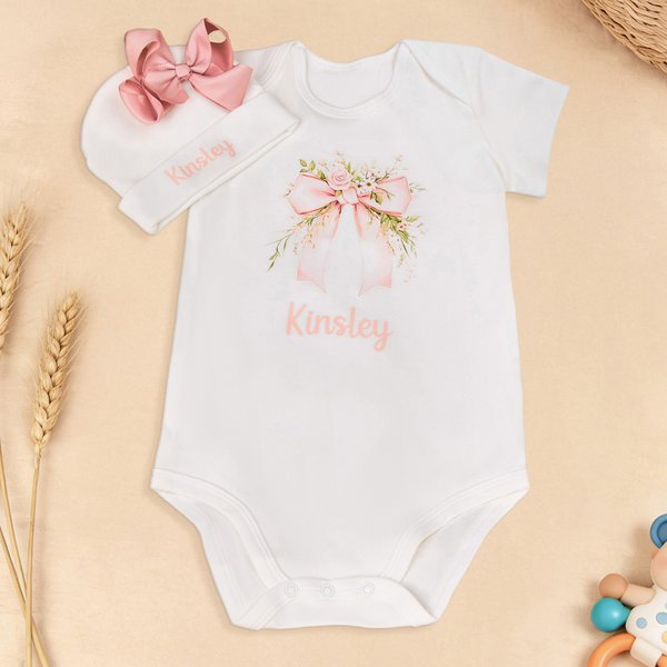 Personalisierte 100% Baumwolle Bogen Blume weiches Baby Mädchen Strampler Hut mit Namen Baby Dusche Geburtstag Geschenk für Neugeborene neue Eltern