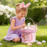 Personalized Cute Bunny Birth Flower Plaid Easter Basket with Name Easter Egg Hunt Easter Gift for Boys Girls