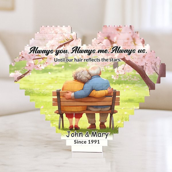 Personalized Cartoon Elderly Companion Heart-Shaped Building Brick Puzzles with Names and Year Valentine's Day Birthday Anniversary Gift for Couple