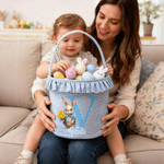 Personalized Cute Bunny Birth Flower Plaid Easter Basket with Name Easter Egg Hunt Easter Gift for Boys Girls