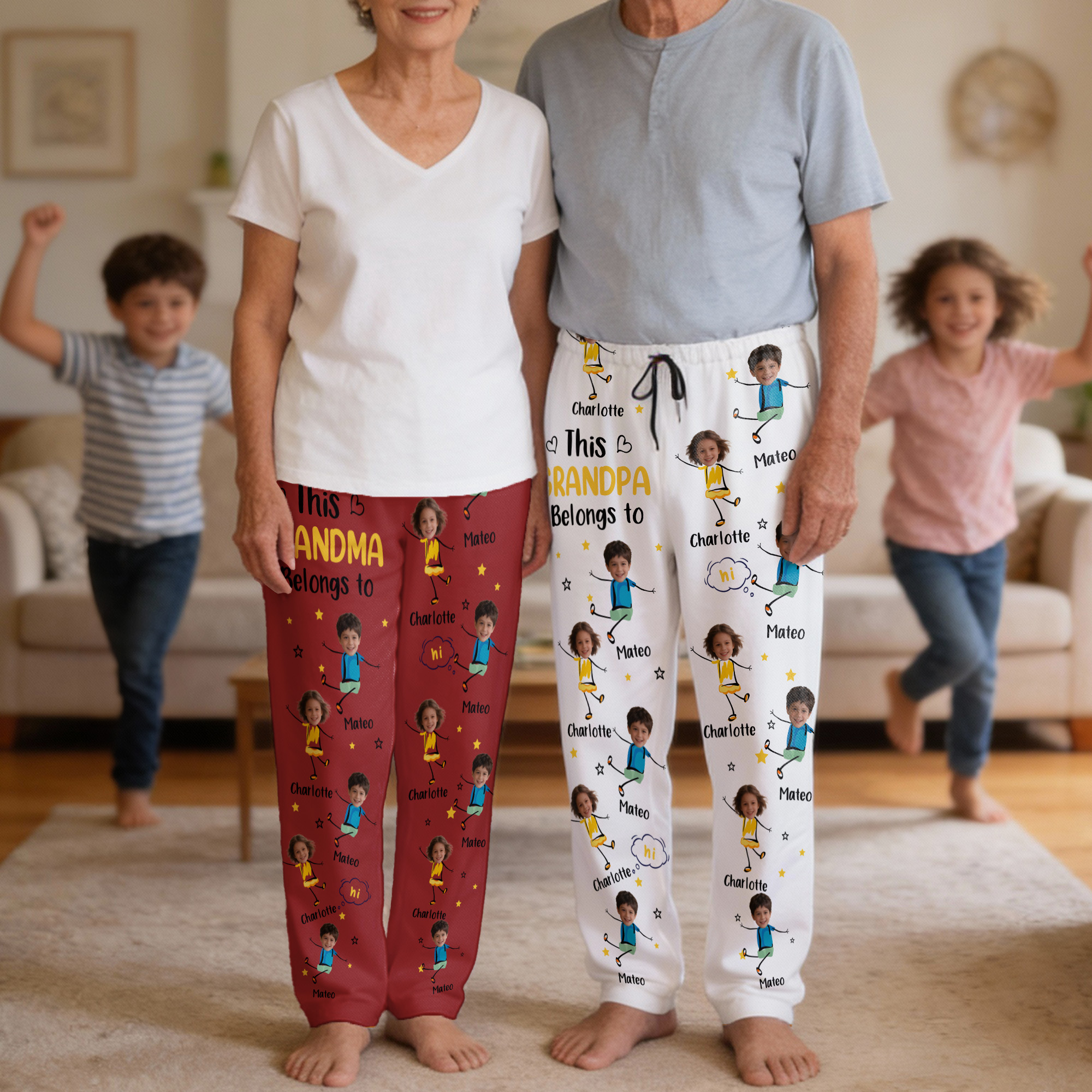 Personnalisé 1-12 Photos de visage Simple enfant dessin au trait Pantalon de pyjama avec nom et poches Porté quotidiennement Cadeau d'anniversaire pour les grands-parents Parents Famille