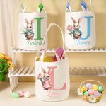Personalized Cute Easter Bunny Birth Flower Reusable Basket with Name Initial and Bunny Ears Egg Hunting Party Easter Gift for Boys Girls