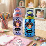Personalized Polka Dot Cute Cartoon Black Girl Name 12 oz 16 oz Water Bottle with Straw and Handle Back to School Birthday Gift for Girls