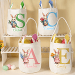 Personalized Cute Easter Bunny Birth Flower Reusable Basket with Name Initial and Bunny Ears Egg Hunting Party Easter Gift for Boys Girls