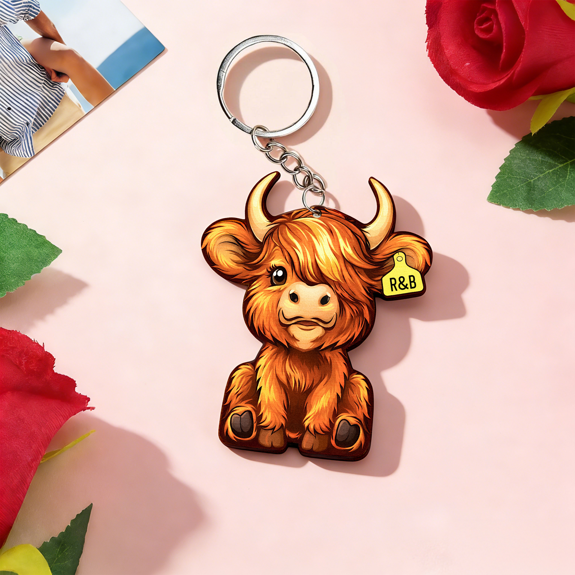 Porte-clés personnalisé en bois avec texte Vache des Highlands Accessoires de sac Cadeau d'anniversaire pour couple pour la Saint-Valentin