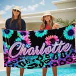 Personalized Leopard Print Neon Sunflower Blooms Quick Dry Beach Towel with Name Beach Party Birthday Gift for Family Friends