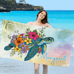 Personalized Multicolor Sea Turtle Flower Quick Dry Oversized Microfiber Beach Towel with Name Beach Party Holiday Gift for Family Friends