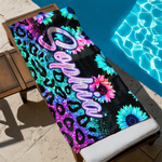 Personalized Leopard Print Neon Sunflower Blooms Quick Dry Beach Towel with Name Beach Party Birthday Gift for Family Friends
