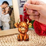 Personalised Cute Highland Cow Wooden Keychain  with Text  Bag Accessories Valentine's Day Birthday Gift for Couple