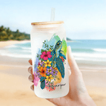 Personalizzato acquerello floreale tartaruga marina 20 oz vetro smerigliato con nome cannuccia e coperchio di bambù viaggio compleanno regalo di vacanza per gli amici della famiglia