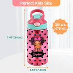 Personalized Polka Dot Cute Cartoon Black Girl Name 12 oz 16 oz Water Bottle with Straw and Handle Back to School Birthday Gift for Girls