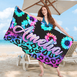Personalized Leopard Print Neon Sunflower Blooms Quick Dry Beach Towel with Name Beach Party Birthday Gift for Family Friends