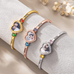 Personalized Birthstone Zircon Heart-Shaped Photo Cuff Bracelet with Names Dainty Jewelry Birthday Valentine's Day Anniversary Gift for Couple