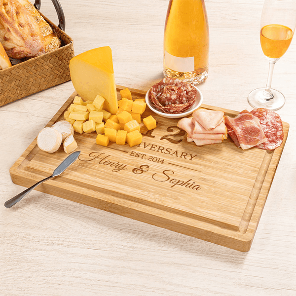Personalized Engraved Name Design FSC Bamboo Charcuterie Cutting Board with Number Year and Juice Groove Housewarming Wedding Gift for Couple