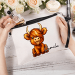 Personalized Cute Highland Cow Linen Makeup Bag with Name and Wrist Strap Birthday Gift for Highland Cow Lovers Women