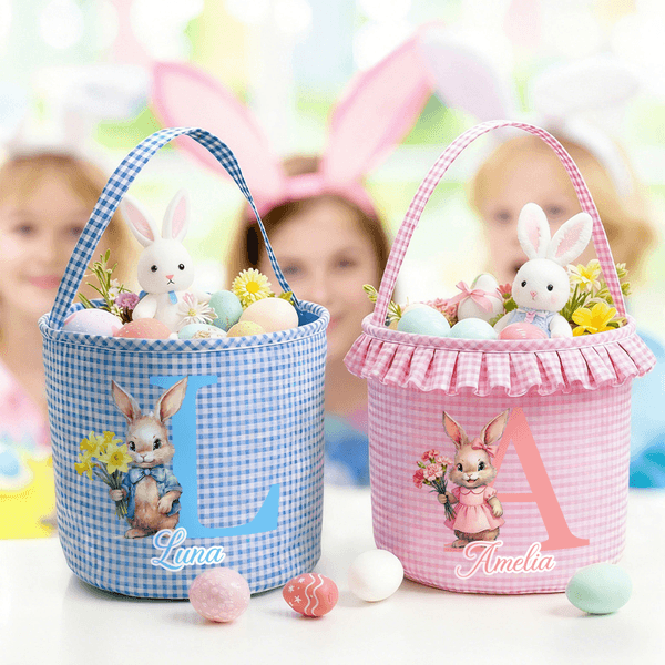 Personalized Cute Bunny Birth Flower Plaid Easter Basket with Name Easter Egg Hunt Easter Gift for Boys Girls