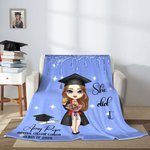 Personalised Multicolour Grad Hat Scroll Cartoon Graduation Character Soft Throw Blanket with Name Class Of 2026 Birthday Graduation Gift for Graduates