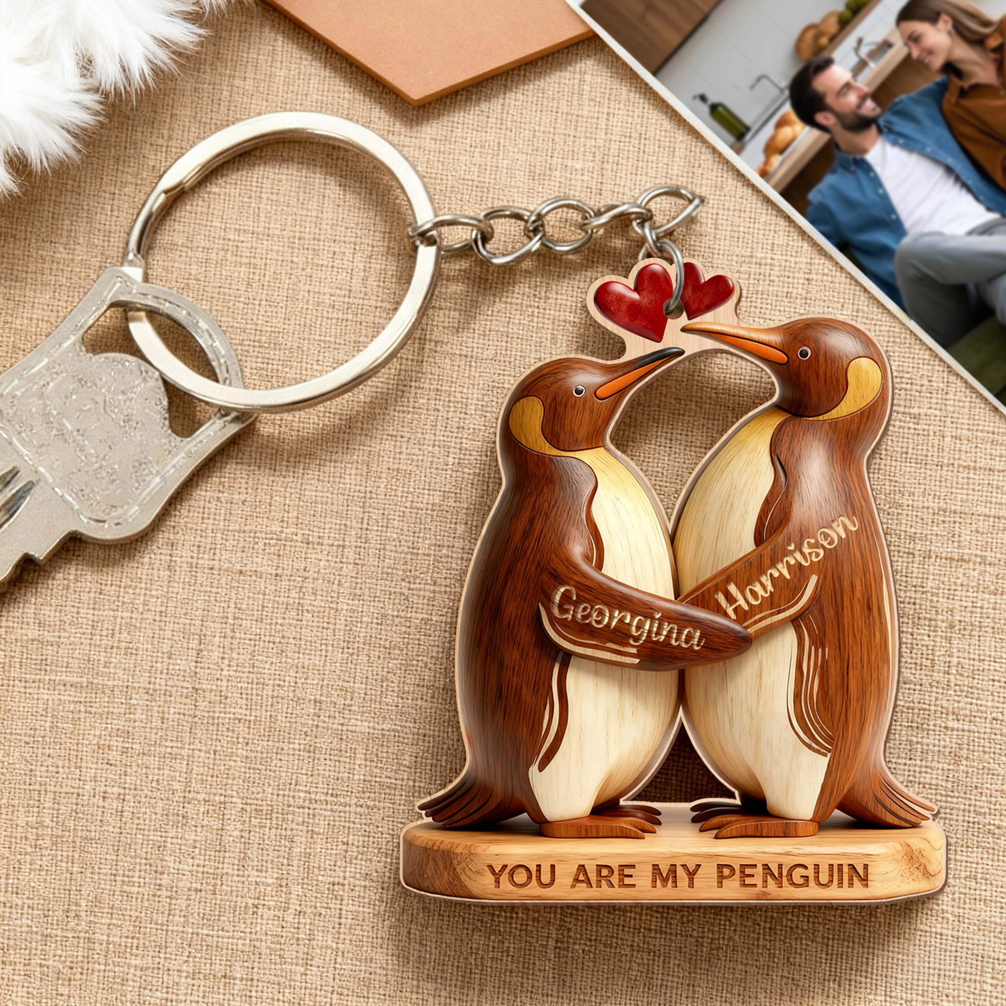 Porte-clés en bois personnalisé avec nom Tu es mon pingouin Cadeau d'anniversaire de Saint-Valentin pour couple Petit ami Petite amie