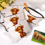 Personalized Cute Highland Cow Linen Makeup Bag with Name and Wrist Strap Birthday Gift for Highland Cow Lovers Women