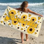 Gepersonaliseerde Sunflower Heart Sneldrogende Strandhanddoek met Naam Reisbenodigdheden Verjaardag Zomer Vakantie Feest Cadeau voor Vrienden