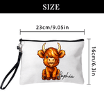 Personalized Cute Highland Cow Linen Makeup Bag with Name and Wrist Strap Birthday Gift for Highland Cow Lovers Women